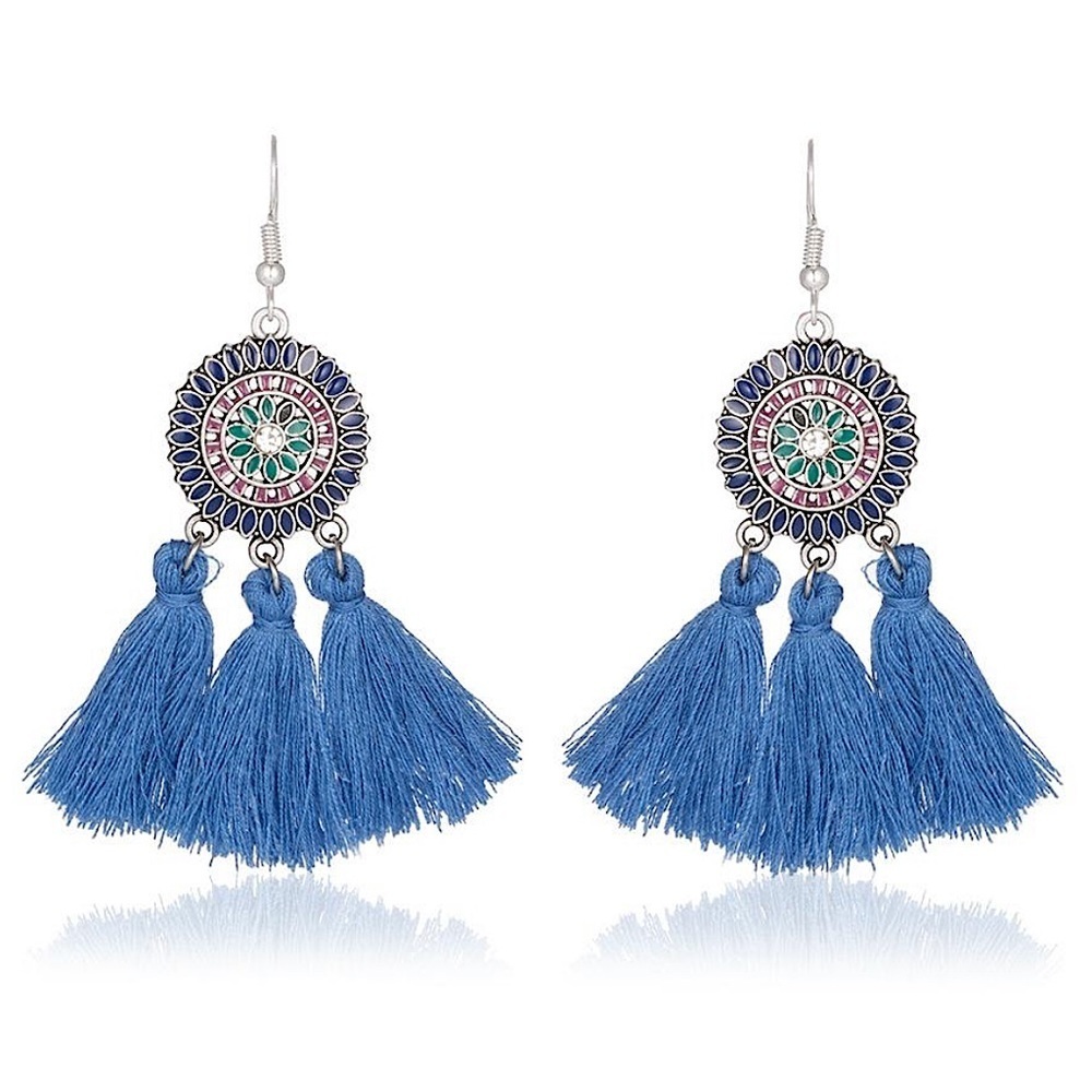Rhinestone Sunflower Yarn Tassel Drop Earrings